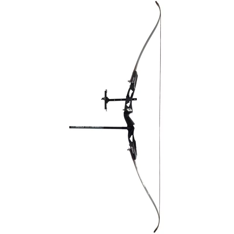 Arc classique noir avec corde, viseur et stabilisateur.